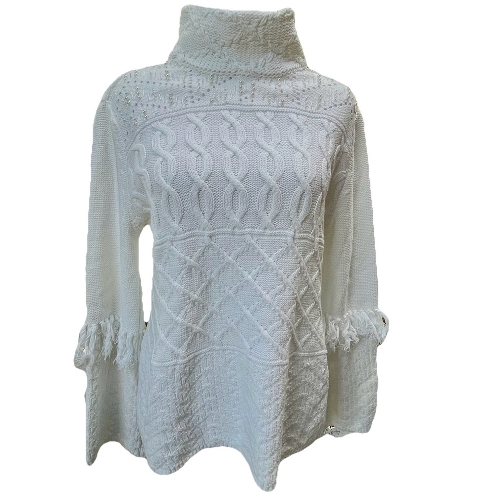 White House Black Market White Cable Knit Beaded‎ Fringe Cotton Sweater Medium